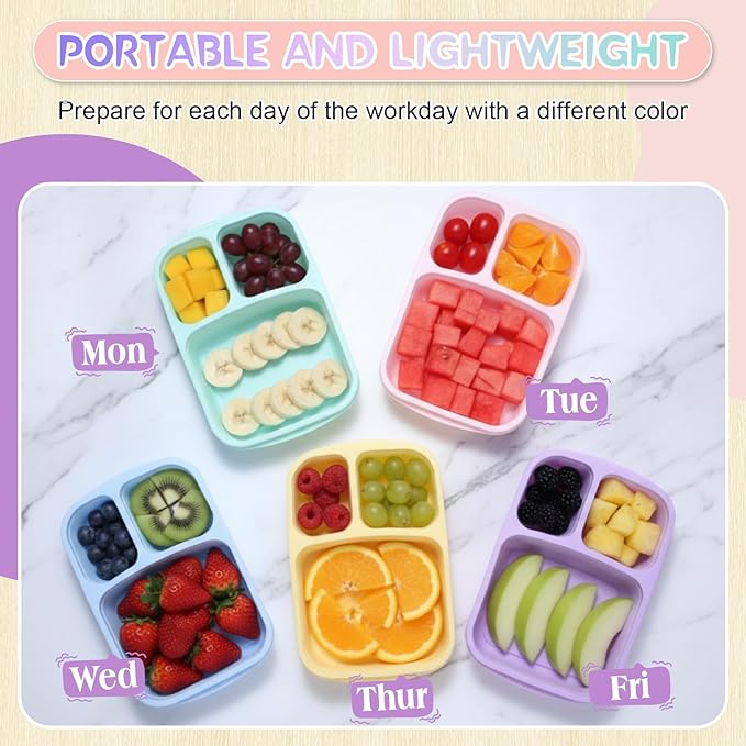 Honeydak 5 Pack Snack Containers 3 Compartment Bento Snack Boxes Divided Meal Prep Containers with Lids Reusable Adults Lunch Food Storage Box for School Work Travel(Ice Cream Color)