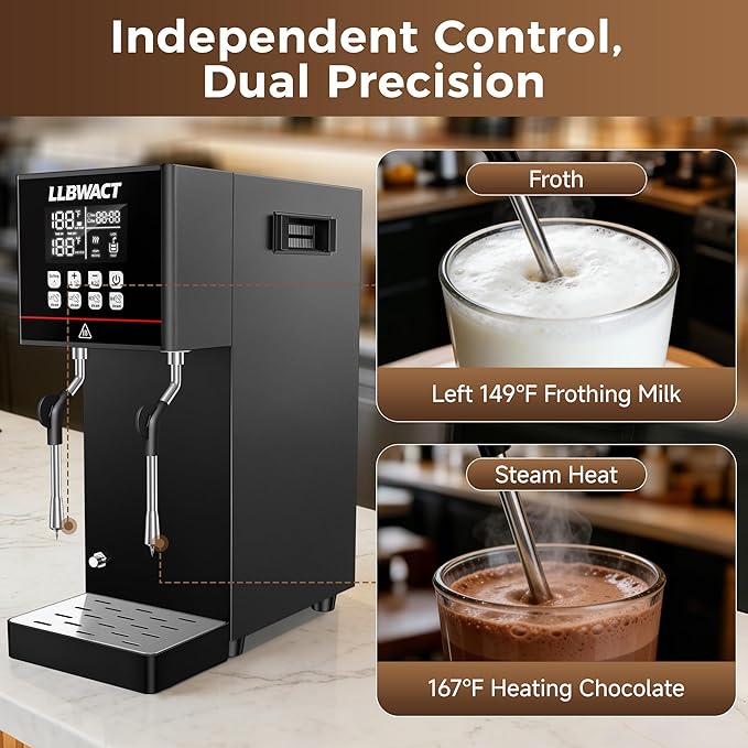 Dual-Head Commercial Steam Milk Frother, 2 Independent Wands, 15s Fast Frothing, 2000W 8L Continuous Steam, Independent Temp Control with LED Display for High-Volume Coffee Shop Restaurant