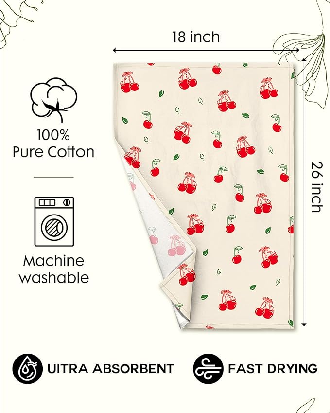 Miss Adola Flour Sack Kitchen Towels Set of 2-18x26 Cotton Dish Towels with Hanging Loop Reusable Tea Towel for Cleaning Spring Absorbent Dishcloths Cute Home Decor Housewarming, Bow Cherry