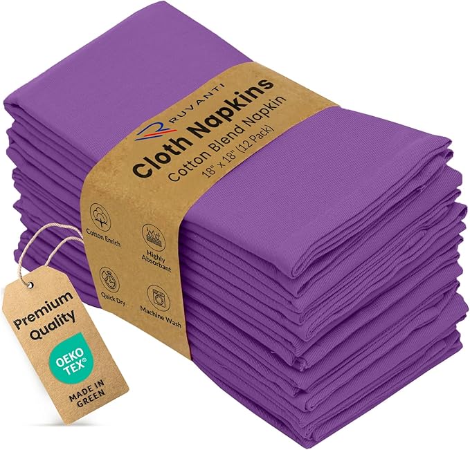 Ruvanti Cloth Napkins Set of 12, 18x18 Inches Napkins Cloth Washable, Soft, Durable, Absorbent, Cotton Blend. Table Dinner Napkins Cloth for Hotel, Lunch, Restaurant, Wedding Events, Parties - Purple