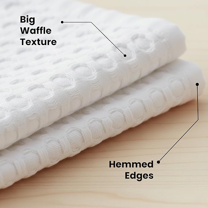 WHITEWRAP Premium Cotton Big Waffle Weave Kitchen Dish Cloths, 12x12 Inch Ultra Absorbent Lint-Free Dish Towels, Fast Drying Dishcloths for Washing Dishes, 6 Pack, White
