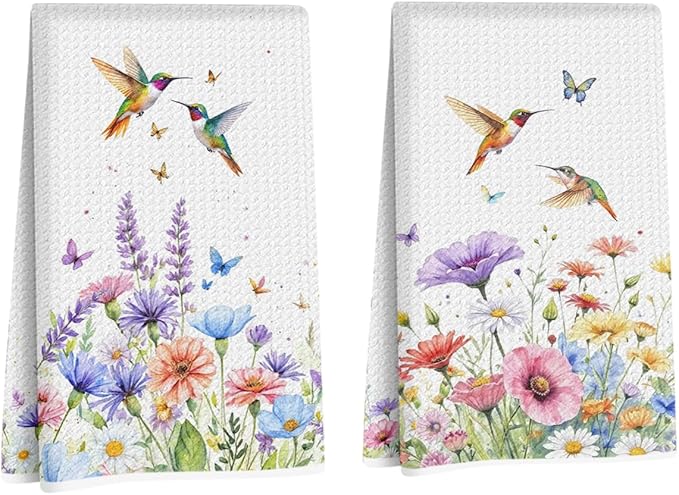 2 Pcs Vibrant Floral Kitchen Towels, Spring Bird Decorative Absorbent Microfiber Dish Cloth Tea Towel, Waffle Soft Hand Towels for Farmhouse Home Bathroom Decor, Housewarming Gifts
