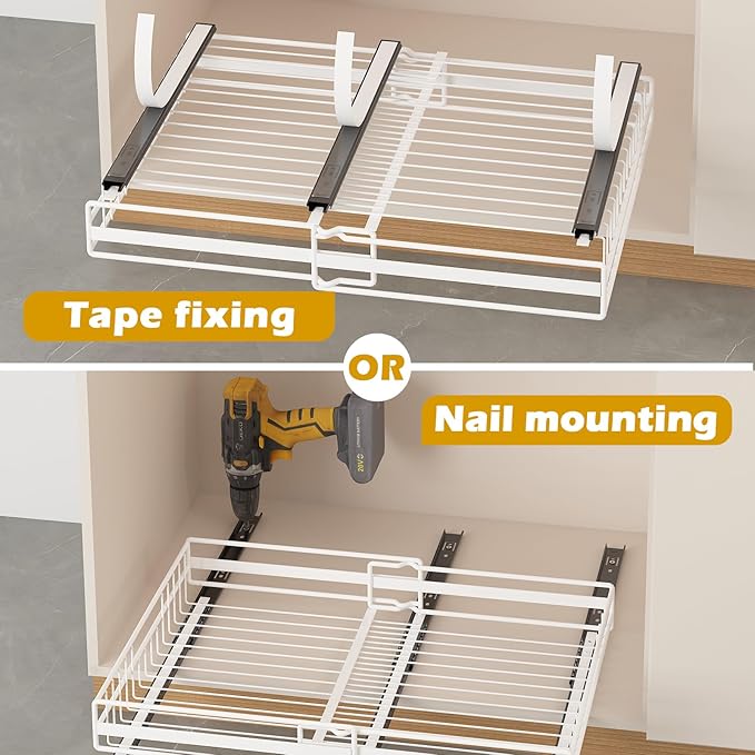 REALINN 2 Pack Pull Out Cabinet Organizer, Expandable(12"-20") Slide Out Drawers 3 Slide Rails Fix with Adhesive or Screw, Roll Out Shelves for Kitchen Cabinet Organization, White