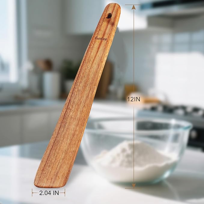 2 Pack Teak Wood Spatula, 12 Inch Wooden Spoons for Cooking, Sourdough Starter, Flat Steak Turner, Dough Whisk Spurtle Baking Utensil, Heat Resistant Spatulas for Cast Iron Flipping, stirring, Turning