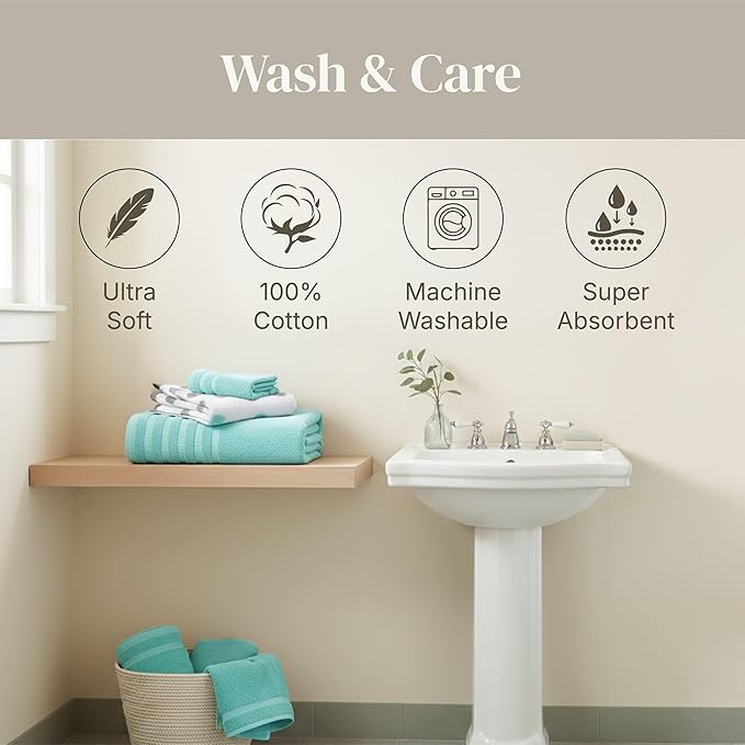 Modern Threads Natural Vine 6-Piece 100% Cotton Towel Set – Yarn Dyed Jacquard – Includes 2 Bath Towels, 2 Hand Towels, 2 Washcloths – Absorbent, Quick Dry, Soft & Durable – Aqua