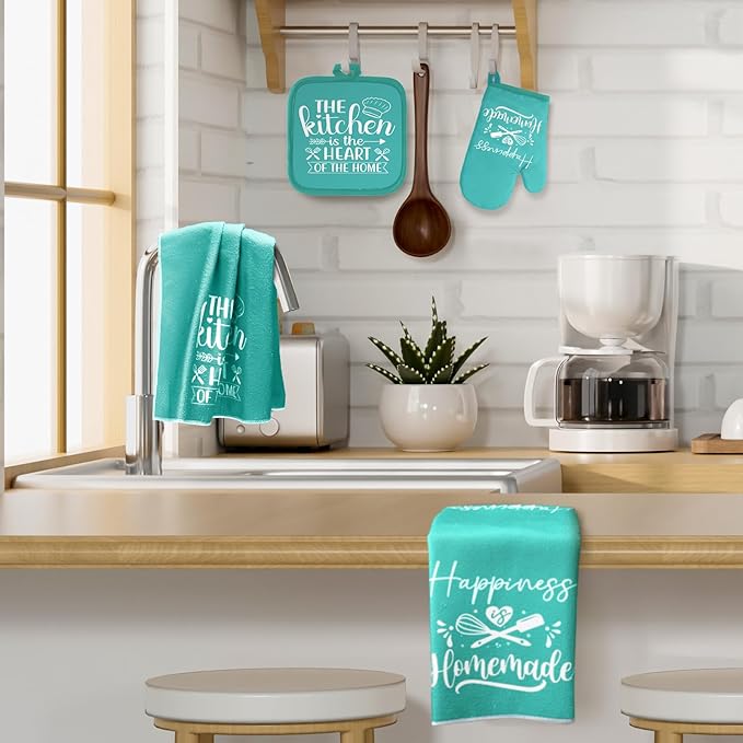 Sratte 6 Pcs Kitchen Decor Accessories Set Farmhouse Towels Pot Holders Oven Mitts Set 2 Dish Towels 2 Potholders 2 Cooking Mittens Oven Glove for Christmas Baking Cooking Supply(Light Teal,Kitchen)