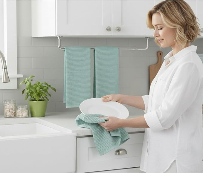Seafoam Light Sage Aqua Mineral Green Kitchen Hand Dish Towels: Oversized 28" x 18", 100% Cotton Cloth Soft Cleaning Drying Absorbent Ribbed Design, Set of 3 Multipurpose for Everyday Use