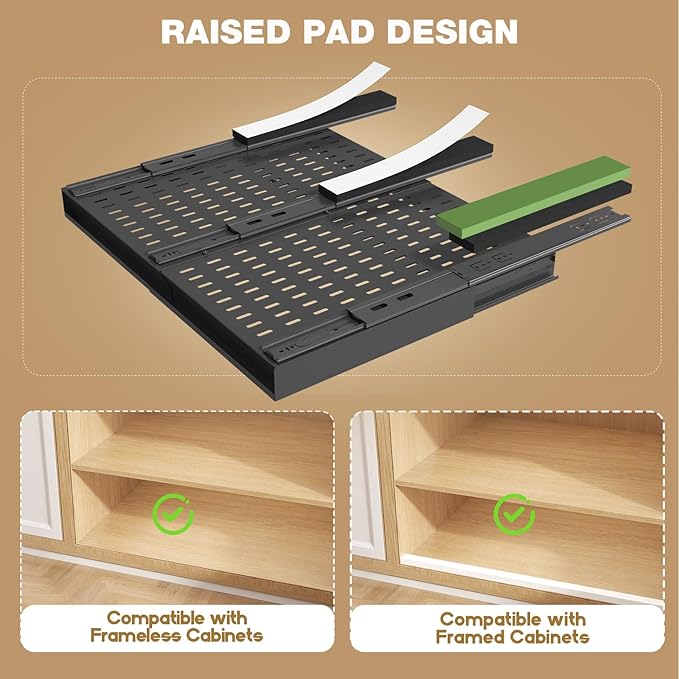 Seinloes 2 Pack Pull Out Cabinet Organizer With Raising Pad for Framed Cabinets,Expandable Width (15"-25") and Depth (17"-24"),3 Slide Rails Slide Out Drawers with Handle,No-Drill Roll Out Shelf,Black