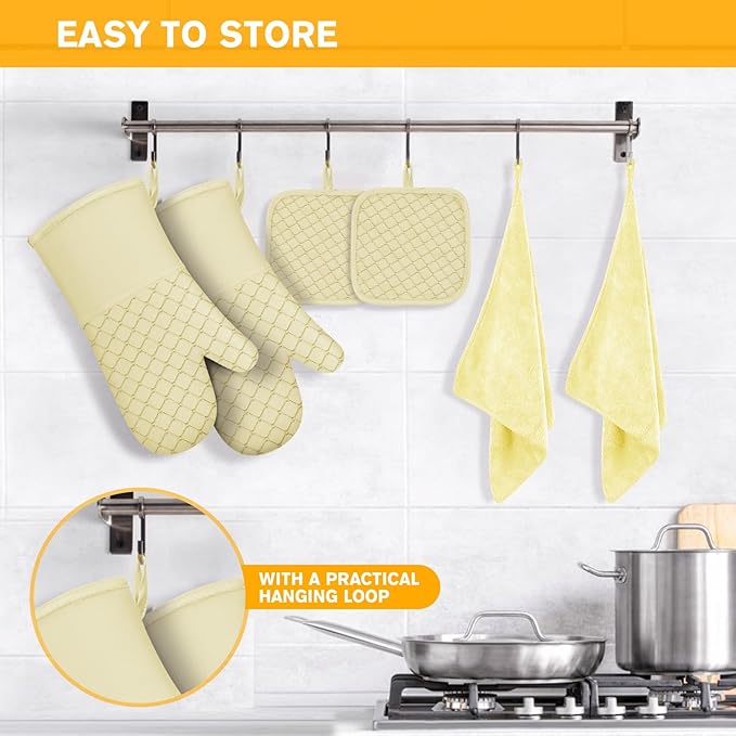 6 Pcs Oven Mitts and Pot Holders, 500℉ Heat Resistant Oven Mitts with Kitchen Towels Soft Cotton Lining and Non-Slip Silicone Surface Safe for Baking, Cooking, BBQ (Milkshake/Beige)