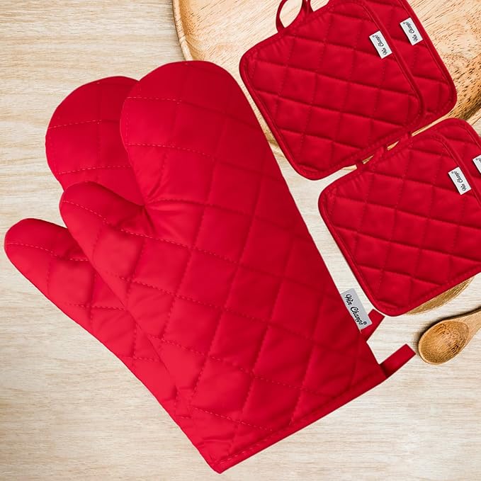 Oven Mitts and Pot Holders Sets,6 Pcs Oven Mitts and Potholders with Recycled Cotton High Heat Resistant Extra Thick Long Oven Mitts for Cooking(Red)
