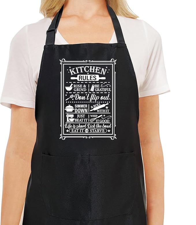 Black Baking Aprons for Women, Adjustable Cooking Baking Kitchen Aprons for Mom Chef with Pockets