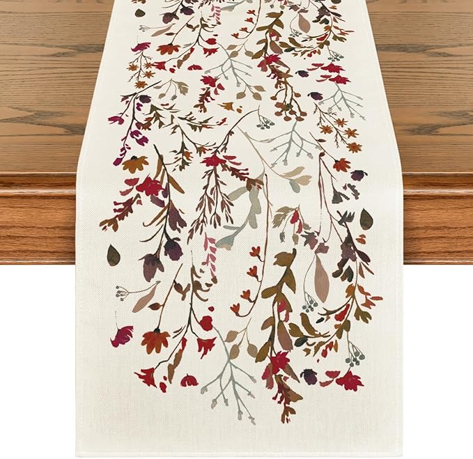 Artoid Mode Weeds Flowers Leaves 210 GSM Halloween Table Runner,Seasonal Fall Kitchen Dining Table Decoration for Home Party Decor 13x72 Inch