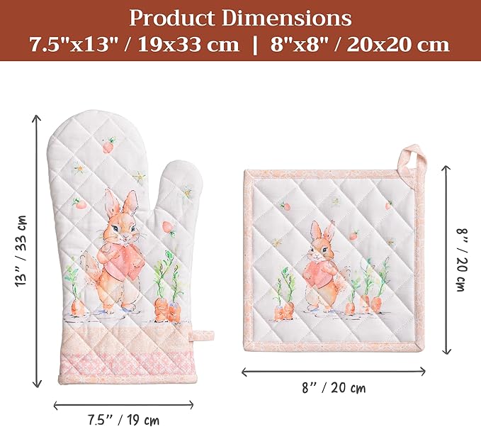 Maison d' Hermine 100% Cotton Oven Mitt & Pot Holder Set (7.5"x13" & 8"x8") Heat Resistant BBQ Cooking Gloves with Loop Baking Grilling Kitchen Gifts for Mothers Day Spring/Summer (Bunny Party)