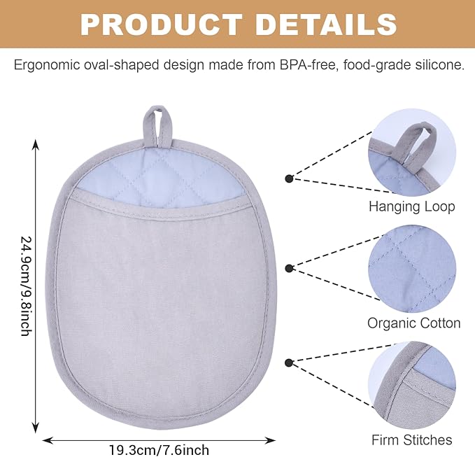 4-Pack Silicone Pot Holders for Kitchen Heat, Non-Slip Hot Pads with Hanging Loops, Quilted Liner Oven Mitts Alternative, Waterproof Trivets for Countertops Hot Pots and Pans (Gray)