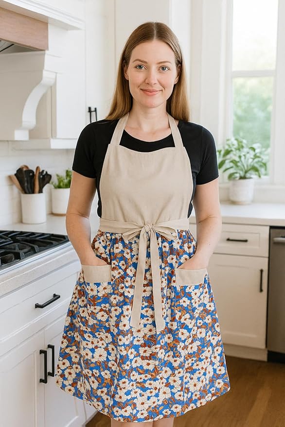 Cute Floral Aprons for Women with Pockets,Cotton Adjustable Neck Strap Apron for Kitchen Cooking Baking Gardening