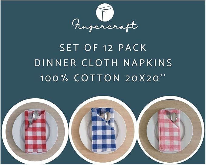 FINGERCRAFT Cloth Napkins, Everyday Use, Premium Quality, Cotton Buffalo Plaid, Set of 12, 20X20 Inch Oversized Napkins Cloth Mitered Corners, Soft, Durable Hotel Quality Yellow White Checkered
