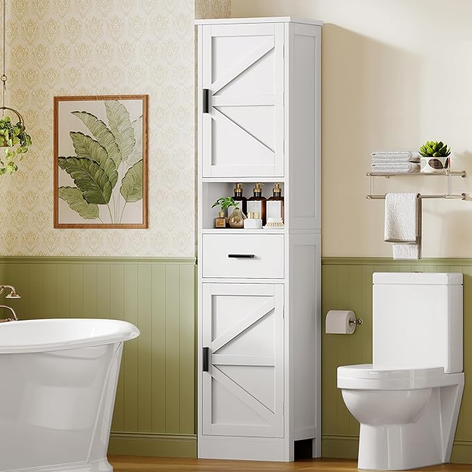 TEENFON 67" H Tall Storage Cabinet with 2 Doors, Bathroom Storage Cabinet, Kitchen Pantry Cabinets for Living Room, Dining Room, Bathroom, White