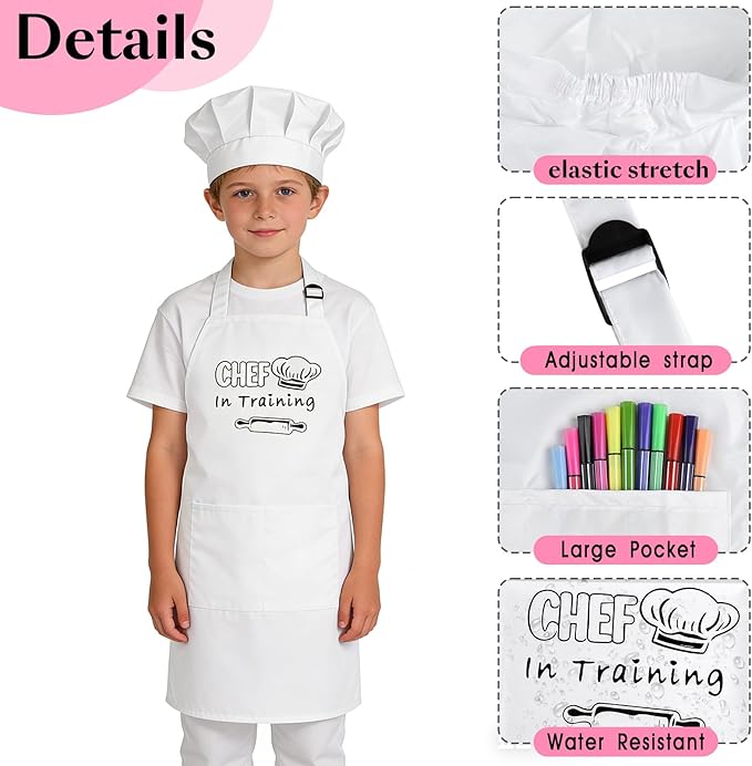 Kids Apron and Chef Hat Set Adjustable Child Aprons with 2 Large Pockets for Girls Boys Cooking Baking Painting Gift