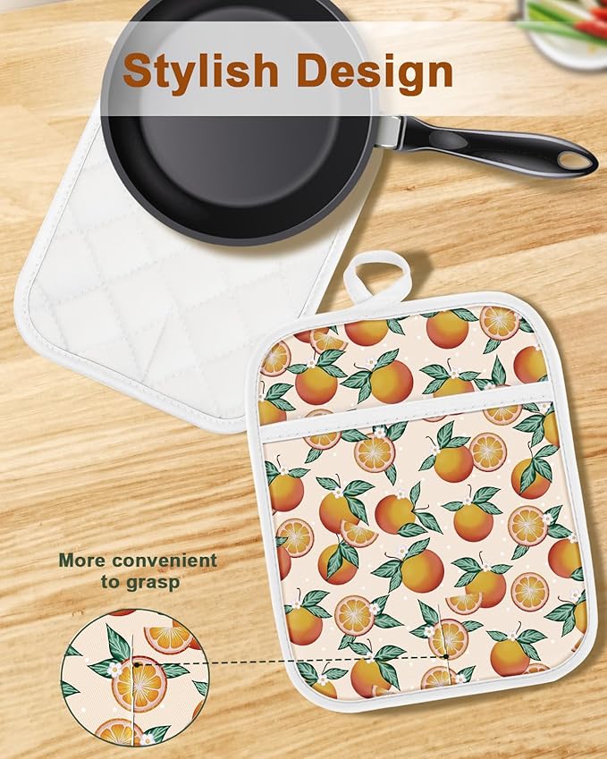 Swooflia 100% Cotton Pot Holders 2 Pack Set for Kitchen with Pockets - Cute 440°F Heat Resistant Oven Hot Pads Heavy Duty for Countertop Home Cooking Baking Microwave BBQ Orange