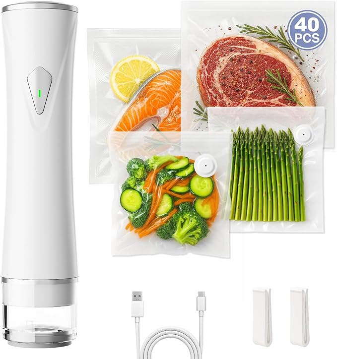 Vacuum Sealer for Food with Visible Water Tank, Powerful Handheld Compact Vacuum Sealer Machine with 40 Reusable Bags, Portable Food Sealer White