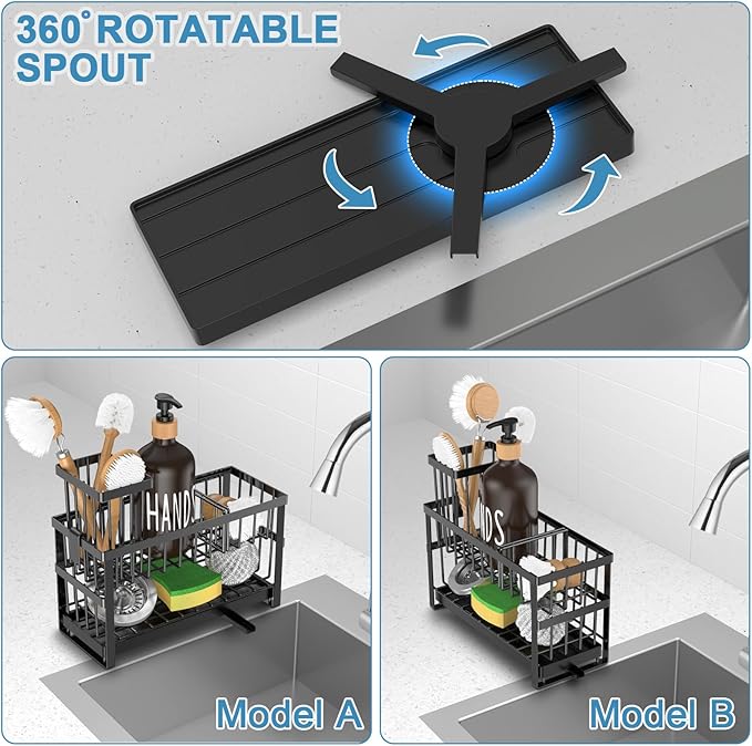 Hvisso 2-Tier Kitchen Sink Caddy with High Brush Holder, Sponge Holder for Sink, Kitchen Storage Organization Sponge Rack, Home Apartment Essential Gadgets Accessories (Black)