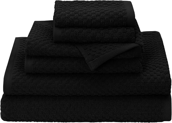 COTTON CRAFT Waffle 6 Piece Towel Set - 100% Cotton - 2 Oversized Luxury Euro Spa Waffle Weave Large Bath Towels, 2 Hand Towels, 2 Washcloths - Absorbent Quick Dry Hotel Bathroom Shower Pool - Black