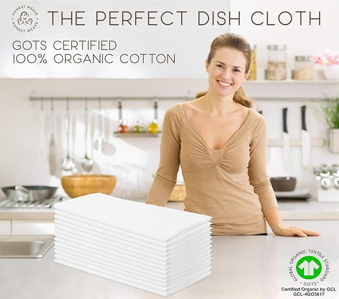 HONEST WEAVE GOTS Certified 100% Organic Flour Sack Cotton Kitchen Hand and Dish Towel Sets - Extra Large 27x27 inches, Fully Hemmed, 12-Pack, Natural Tan