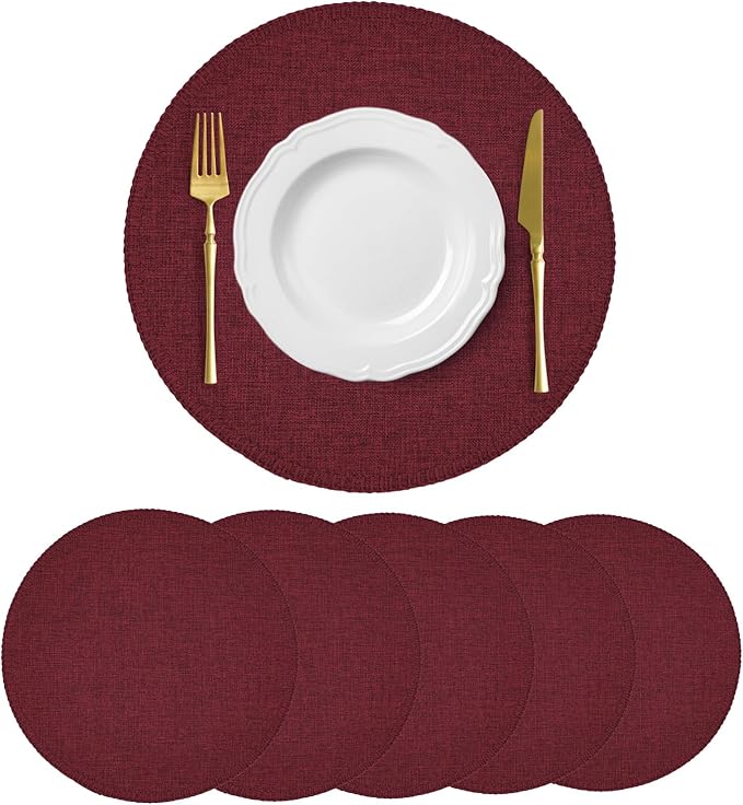 Round Placemats Set of 6, 15 Inch Linen Fabric Table Placemats, Heat Resistant, Wrinkle Free Washable Placemats Kitchen Place Mats Set of 6 for Dining Table Party Table (Wine Red, 6)