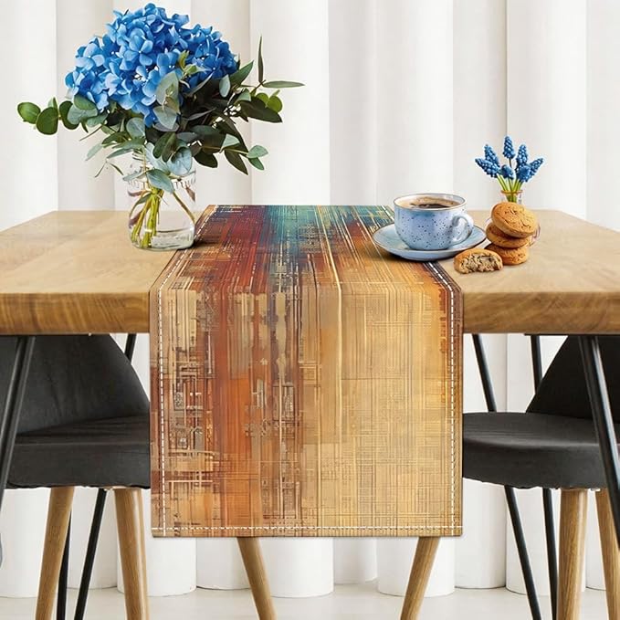 Niviy Brown Blue Wood Grain Linen Table Runner, 12x72 Inch Washable Table Runners Easy to Clean Kitchen Table Decor for Holiday Party Kitchen Dining Table Decoration