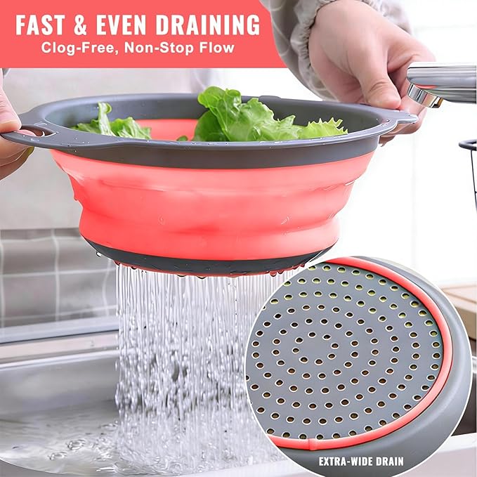 Collapsible Colander Set of 2, Folding Kitchen Strainers with Handles, Space-Saving Over-the-Sink Drainers for Pasta, Veggies & Fruit, BPA-Free, Dishwasher Safe, RV & Camping (Red)