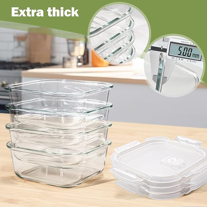 Square Glass Containers with Lids 24oz - Borosilicate Glass Food Storage Set 3 Cup, Freezer Safe Meal Prep Containers, Sandwich Lunch Box, Yogurt Cereal Bowls with Vented Lids BPA Free 4 Pack