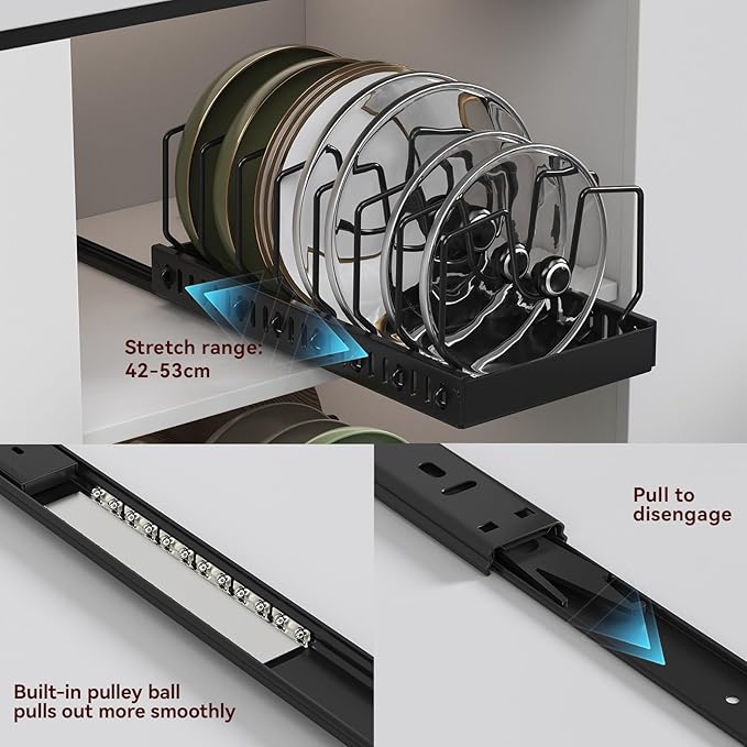 2PCS Black Pot Lid Organizer, Pull-out Pots and Pans Organizer, Under Cabinet Pot Lid Holder for Kitchen, Sliding type Pots and Pans Storage with 16 Adjustable Dividers for Cabinet Pantry Countertop