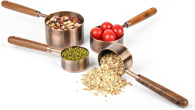 Smithcraft Copper Measuring Cups & Spoons Set 8, Stainless Steel Measuring Cups and Spoons Set for Baking and Kitchen, Metric & US Metal Measure Cup & Spoon with Wood Handle for Dry & Liquid