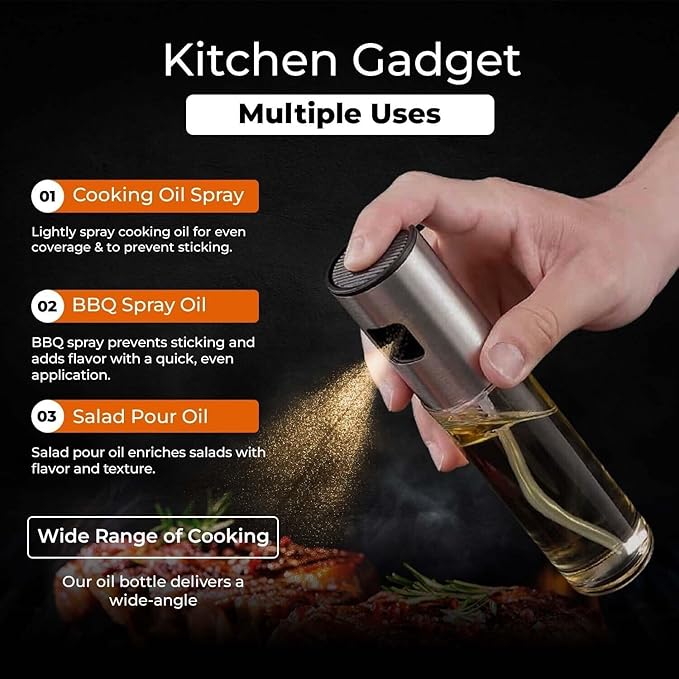 VIGOR PATH Oil Sprayer Mister – 100ml Stainless Steel Refillable Spray Bottle for Cooking, Air Fryer, BBQ, Salad, Baking & Roasting – Kitchen Gadget for Oil & Vinegar – Pack of 10