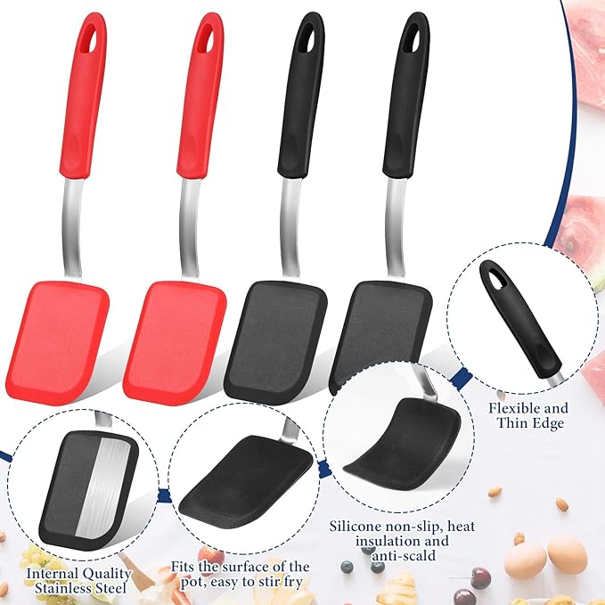 Gejoy 4 Pcs Silicone Cookie Spatula Turner Mini Brownie Spatula Flexible Silicone Spatulas Nonstick Cookware Heat Resistant No Scratch Flipper Baking Utensils for Egg Pancake(Red, Black)