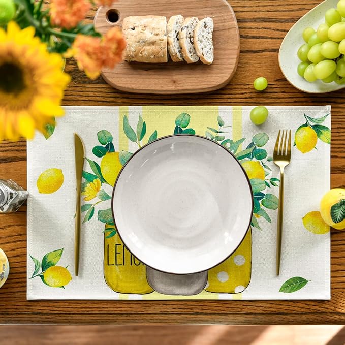 Artoid Mode Yellow Stripes Vase Lemon Summer Placemats Set of 4, 12x18 Inch Seasonal Spring Table Mats for Party Kitchen Dining Decoration