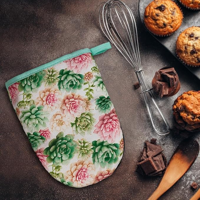 Succulents Oven Mitts, High Heat Resistant Kitchen Oven Gloves, Mini Silicone Oven Mitts, Non-Slip Grip Surfaces and Hanging Loop for Grilling, Baking, Cooking and Microwave, Gift