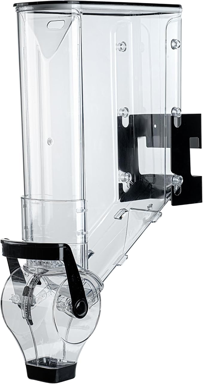 Restaurantware Cereal Dispenser 5 gal Plastic Wall-Mounted Gravity Bin Candy Dispenser Self-Serve Black Dry Food with Wall Mount Brackets for Breakfast Buffet or Hotel Use
