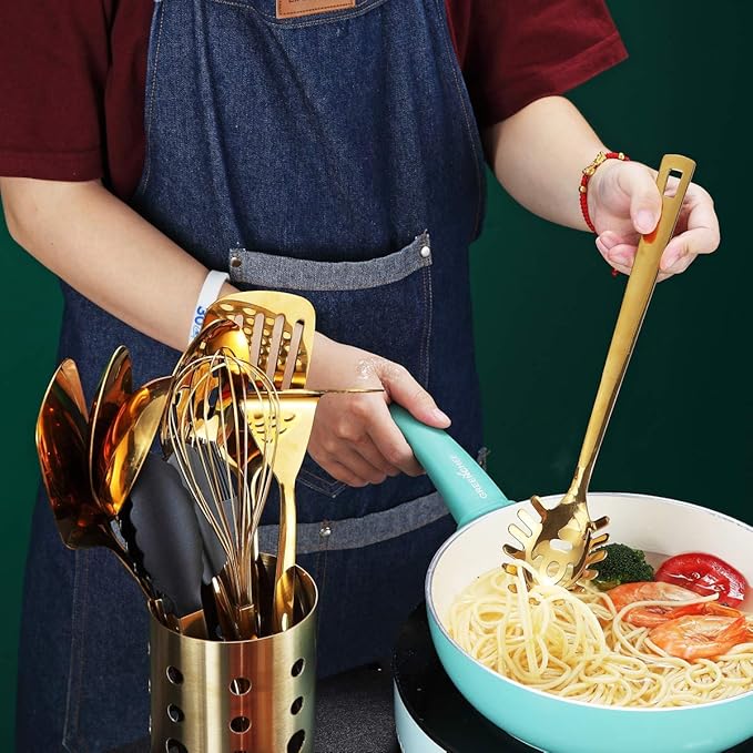 Gold Spaghetti Spoon, Berglander Pasta Server With Titanium Gold Plating, Stainless Steel Spaghetti Server For Cooking, Pasta Fork, Noddle Fork, Dishwasher Safe, Easy to Clean