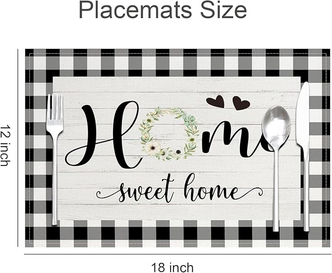 Buffalo Plaid Placemats Set of 4 Black White Place Mats Farmhouse Sweet Home Kitchen Table Mats - Linen Fabric Heat Resistant Machine Washable Placemats for Dining Coffee Table 12x18Inch