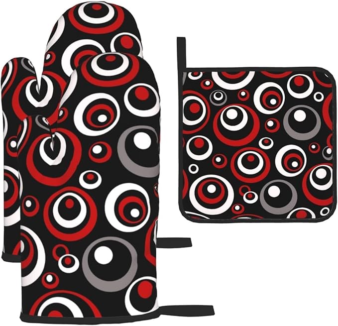 Retro Red Circles Oven Mitt and Pot Holder Set (3-Piece) - Heat Resistant Non-Slip Modern Geometric Gloves Gift for Chef Cooking Baking Grilling BBQ Lovers, Stylish Kitchen Decor, Red White Black Grey