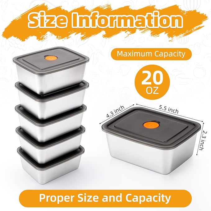 10 PCS(20oz) Stainless Steel Food Storage Containers With Lids | Snack Containers for Kids, Freezer Safe, Microwave Safe | Metal Containers For Meal Prep, Leftovers, Freezer