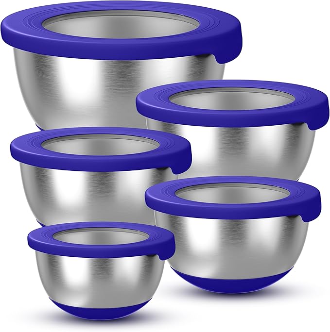 KITEISCAT Stainless Steel Mixing Bowls with Lids – Set of 5 Large Nesting Metal Bowls for Kitchen, Baking, Cooking, Food Prep & Storage, Non-Slip Base, Dishwasher Safe,Blue