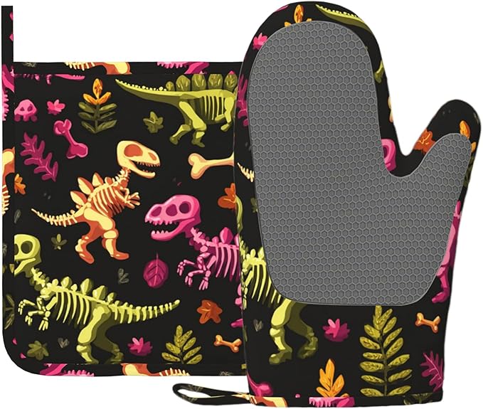 Dinosaur Skeleton Oven Mitts and Pot Holders Sets Non-Slip Silicone Surface for BBQ Gloves,Kitchen,Cooking,Baking,Grilling
