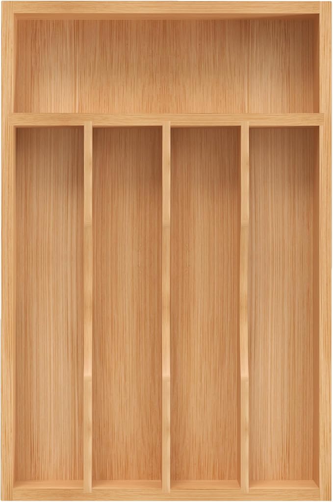 Silverware Organizer, Bamboo Kitchen Drawer Organizer, Utensil Holder, Cutlery Tray & Spoon Flatware Storage with Grooved Drawer Dividers (8.5''W x 13''D)