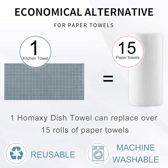Homaxy Kitchen Towels and Dishcloths Set, 12 x 12 and 13 x 28 Inches, Set of 8 Bulk Cotton Terry Kitchen Towels Set, Checkered Designed, Soft and Super Absorbent Dish Cloths, Grey