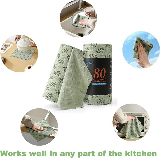 Microfiber Cleaning Cloth Roll,80 Pack Cleaning Towels,Lint Free Rags Paper Towels & Tear Away Reusable Towels,Washable Shop Rags Floral Wipe Cloth,Wash Cloths Dish Rags for Car Kitchen Window