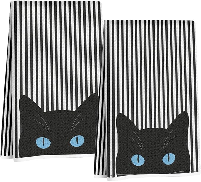 Jztco 2 Pcs Cat Kitchen Towels, Cats Gifts Reusable Hand Tea Towel, Microfiber Dish Cloths for Drying Dishes, Waffle Dish Towels for Kitchen Home Bathroom Decor, Cat Lover Gifts for Women Mom