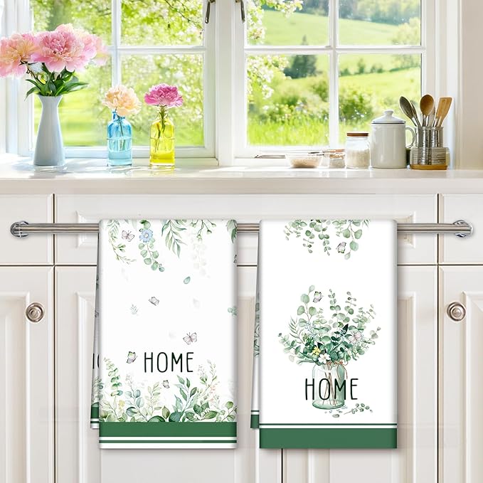 Eucalyptus Leaves Tea Towels, Cotton Kitchen Towel 18.9 × 27.5 inch, Quick Drying Dish Cloth for Party Anniversary Holiday Decoration, Housewarming Gifts for Mom