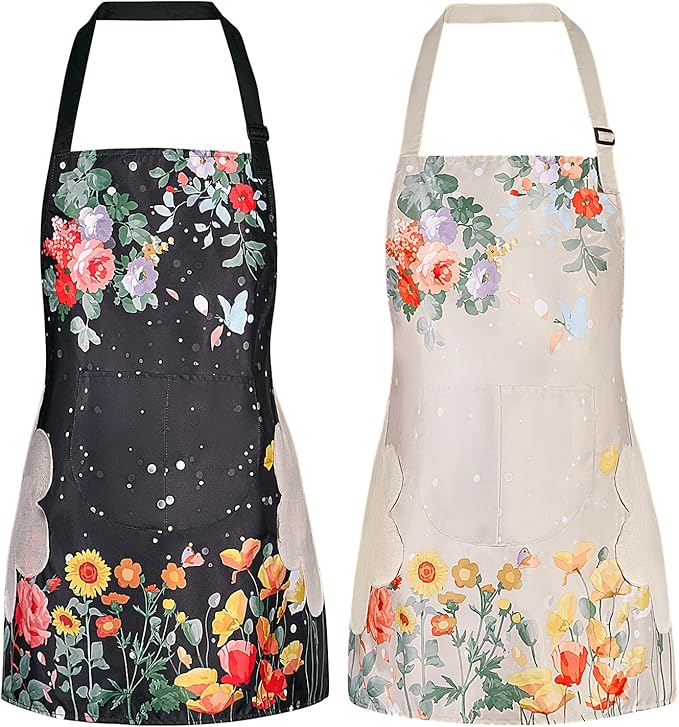DILLMAN 2 Pack Floral Aprons with Pocket Blooming Womens Waterproof Adjustable Cooking Aprons Kitchen Gardening Salon